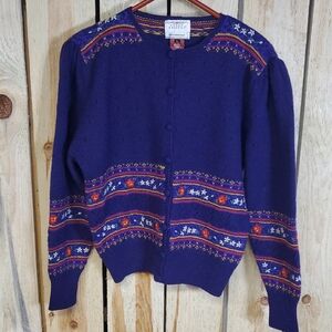Vintage 1989 Susan Bristol Hand-Embroidered Pure 100% Wool Cardigan Size L